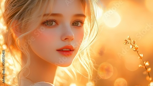 Captivating portrait of a young woman in golden glow nature setting digital art beauty concept