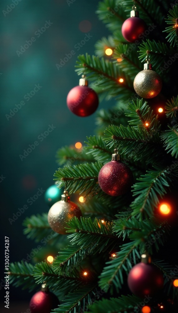 Fototapeta premium Evergreen tree adorned with sparkling ornaments and colorful lights, Christmas tree, season