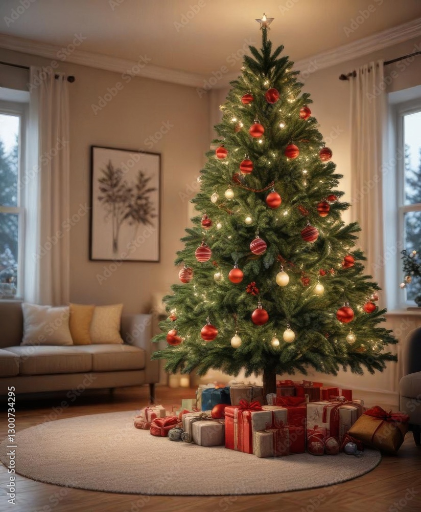 Evergreen tree with ornaments and lights in a cozy living room background, warm ambiance, twinkling lights, evergreen tree Evergreen tree with ornaments and lights in a cozy living room background, warm ambiance, twinkling lights, evergreen tree
