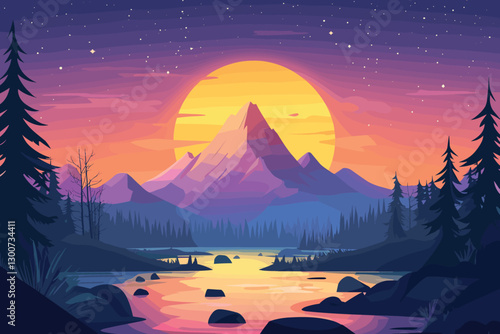 Mountain landscape at sunset with a river and trees, Flat style cartoon vector illustration