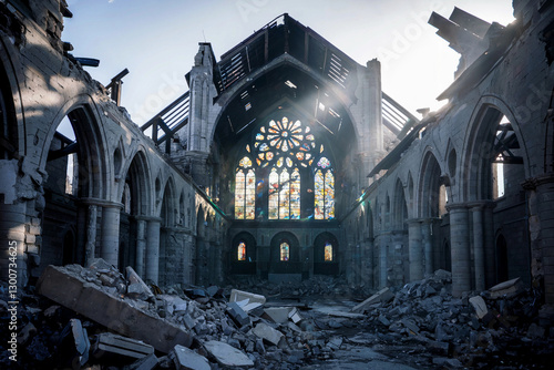 Ruins of a bombed cathedral showcasing destruction and remnants of stained glass windows