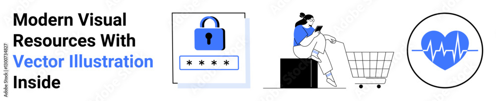 Padlock and password field for security, a woman with a smartphone next to a shopping cart for e-commerce, and a heart with a pulse line for health. Ideal for technology, security, online shopping Padlock and password field for security, a woman with a smartphone next to a shopping cart for e-commerce, and a heart with a pulse line for health. Ideal for technology, security, online shopping