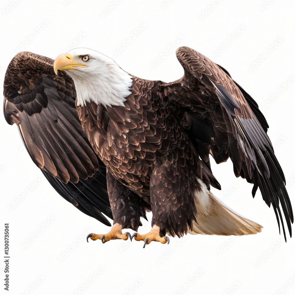 Fototapeta premium Bald Eagle in Majestic Flight with Wings Fully Spread Isolated on White Background.