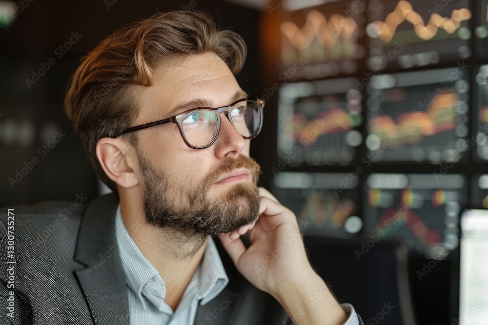 Thoughtful Businessman Analyzing Financial Data in Modern Office Environment with Graphs and Charts in Background Thoughtful Businessman Analyzing Financial Data in Modern Office Environment with Graphs and Charts in Background