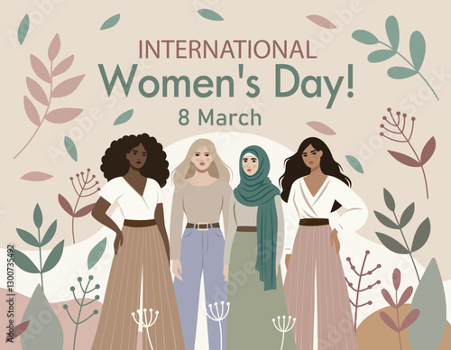  International Women's Day. Different women together on the background of flowers, gender equality, fight for women's empowerment. For women's projects. Vector illustration place for text