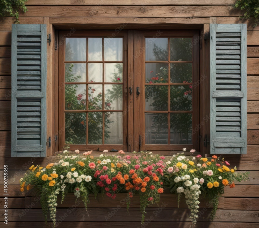 A lush artificial flower border surrounding a distressed wooden backdrop with vintage-style window shutters, botanical art , floral patterns, vintage style A lush artificial flower border surrounding a distressed wooden backdrop with vintage-style window shutters, botanical art , floral patterns, vintage style