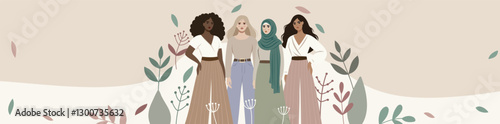 International Women's Day. Different women together on the background of flowers, gender equality, the fight for women's empowerment. For women's projects. Vector banner place for text