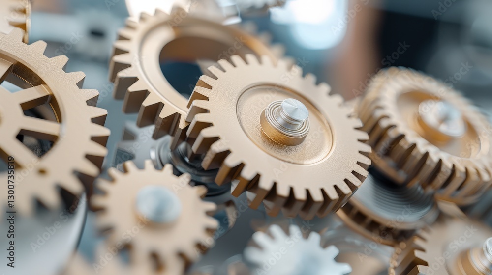 Close-up of Interlocking Golden Gears and Cogs for Industrial Machinery Conceptual Design and Innovation Close-up of Interlocking Golden Gears and Cogs for Industrial Machinery Conceptual Design and Innovation