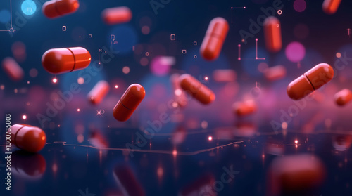 3D Rendering of Red and Blue Pills and Capsules on White Background for Medical and Pharmaceutical Concepts