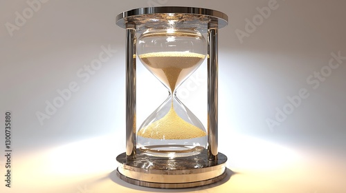 A giant hourglass filled with shimmering sand grains under a spotlight, on a solid white background. photo