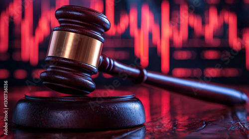 financial wealth regulation. Gavel on a wooden surface with a red heartbeat backdrop.