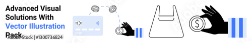 Hand exchanging coins, card, wallet, and shopping bag depicting concepts of payment, money handling, online purchases, and finance. Ideal for e-commerce, banking retail fintech digital wallets