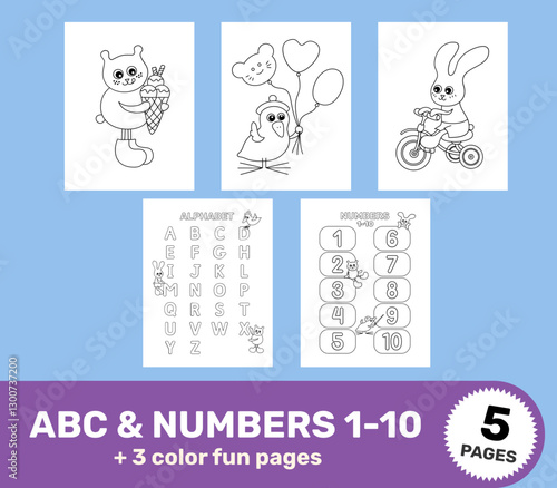 ABC, Numbers and 3 fun Coloring Pages for Kids – 5 Vector Worksheets for Early Learning, Letter format