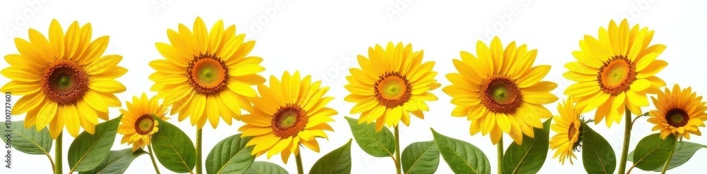 Fototapeta premium Vibrant yellow sunflowers in full bloom, isolated on white , green, seeds