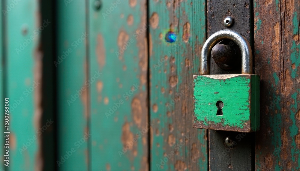Weathered wood door with a vibrant green padlock, hardware, bolt, texture Weathered wood door with a vibrant green padlock, hardware, bolt, texture
