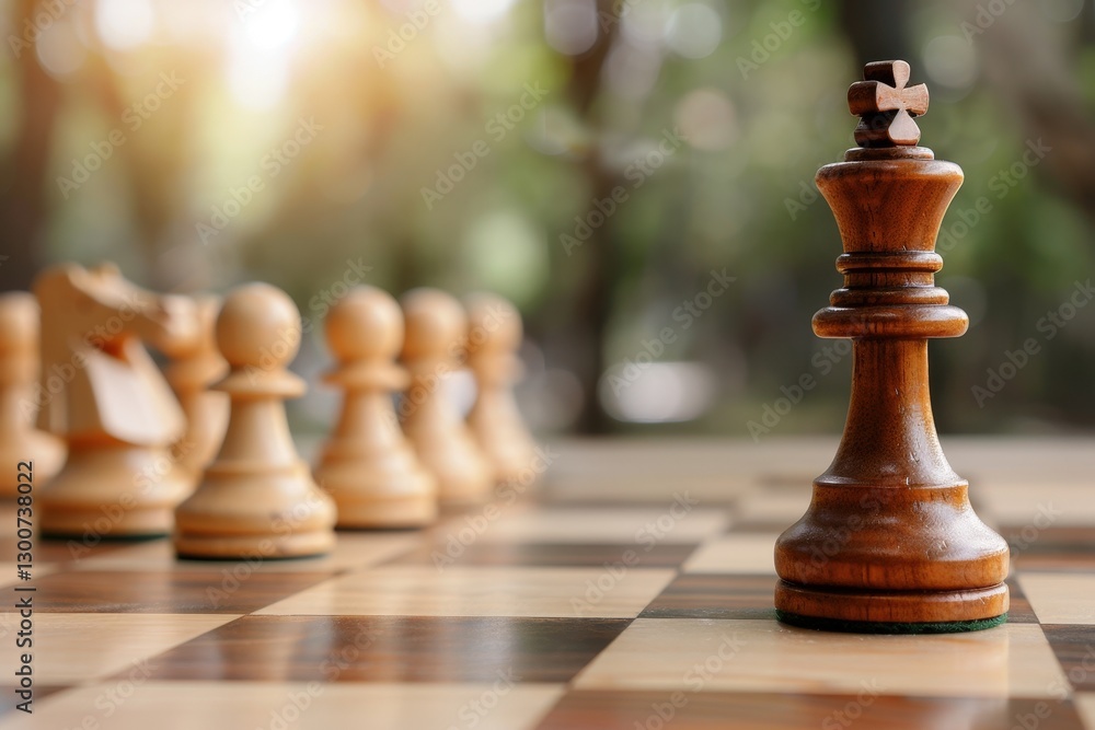 Close-Up View of Wooden Chess King Piece Over a Blurred Outdoor Chessboard Surrounded by Other Chess Pieces Close-Up View of Wooden Chess King Piece Over a Blurred Outdoor Chessboard Surrounded by Other Chess Pieces