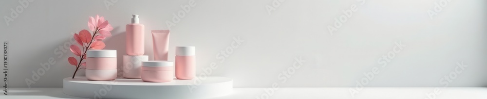White pedestal, soft grey backdrop Elegant cosmetic display , stage, elegant White pedestal, soft grey backdrop Elegant cosmetic display , stage, elegant