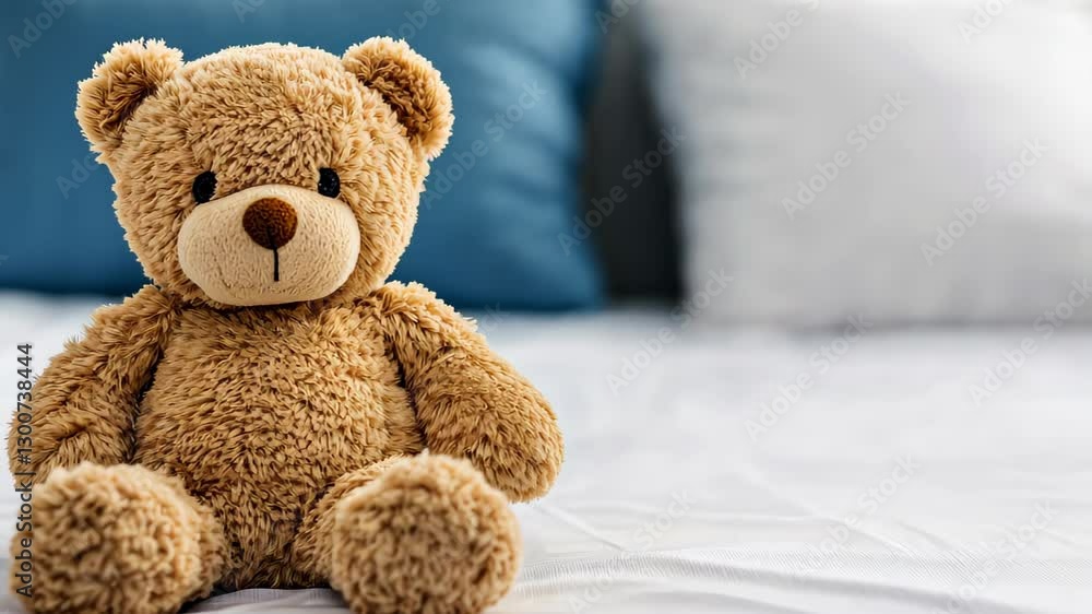 Cute Teddy Bear Sitting on Patient Bed in Hospital Room Setting, Symbolizing Comfort and Care, Soft Toy Scene with Blue and White Pillows, Ideal for Healthcare, Children and Recovery Concepts Cute Teddy Bear Sitting on Patient Bed in Hospital Room Setting, Symbolizing Comfort and Care, Soft Toy Scene with Blue and White Pillows, Ideal for Healthcare, Children and Recovery Concepts