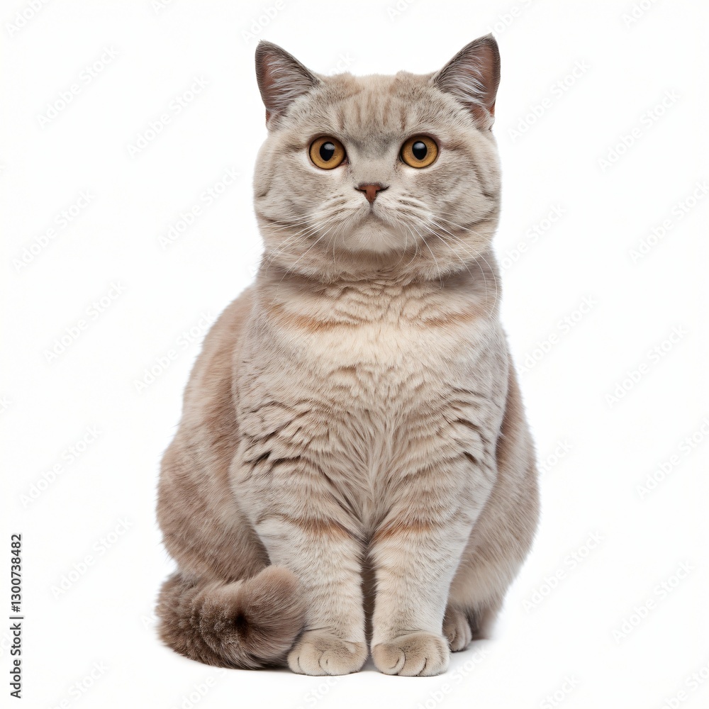 Cream-Colored Cat with Amber Eyes Sitting on White Background. Cream-Colored Cat with Amber Eyes Sitting on White Background.