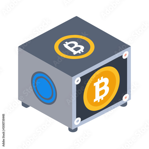 Isometric bitcoin mining rig with symbols and blue accents