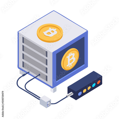 Cryptocurrency mining rig with Bitcoin symbols and cables