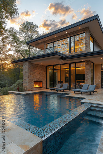 Photographie immobili  re ext  rieure d   une terrasse avec piscine de maison moderne contemporaine avec coin salon et brasero. rendu 3D  HDR  id  es d  co et am  nagement tendance.