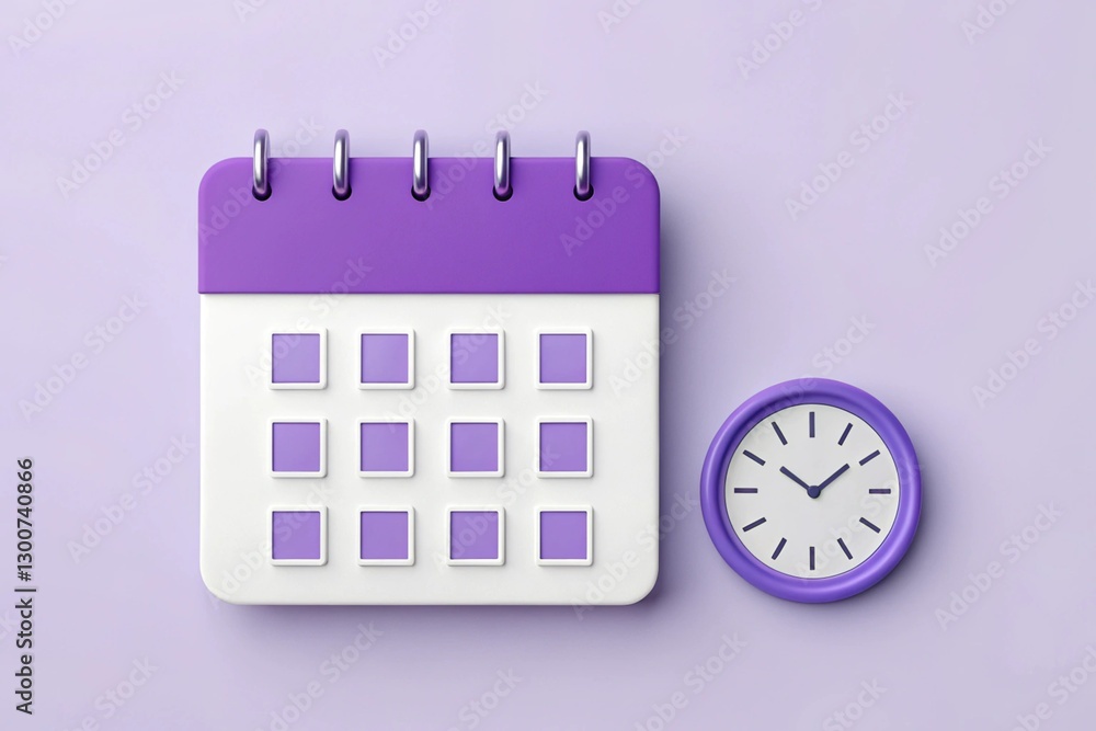 modern 3d calendar and clock on light purple background for time management visuals modern 3d calendar and clock on light purple background for time management visuals