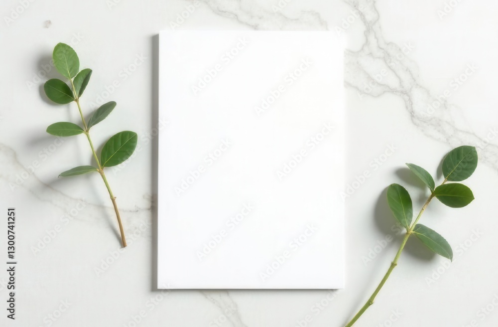 Blank white card on marble surface with green eucalyptus branches Blank white card on marble surface with green eucalyptus branches