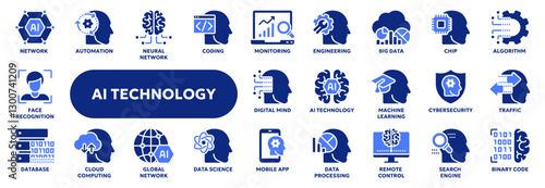 Set of vector solid icons related to artificial intelligence, machine learning, data science. Symbols for website or app ui, logo design, illustration