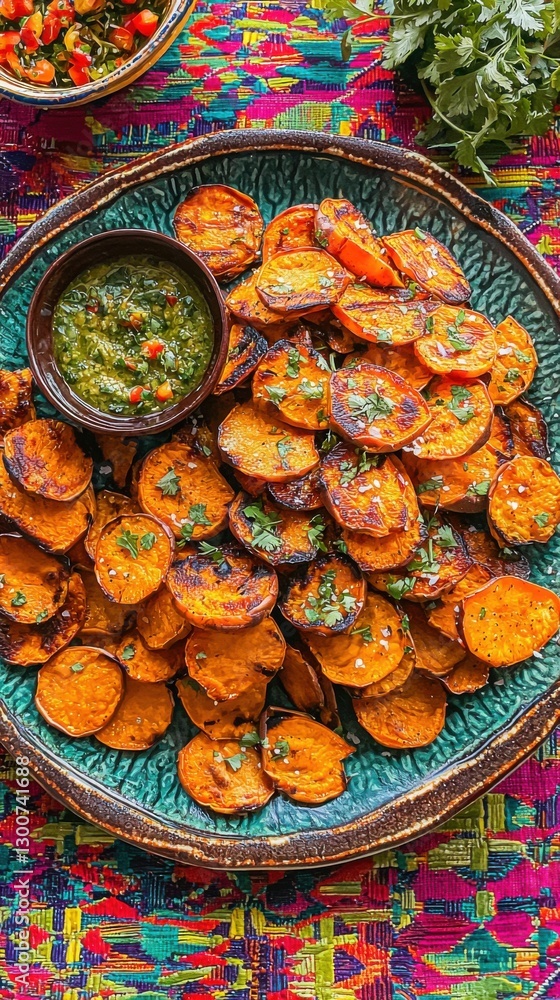 Fototapeta premium Crispy sweet potato rounds with green sauce served on a vibrant woven tablecloth during a festive gathering
