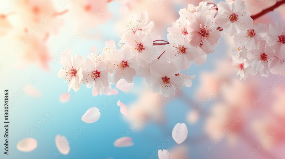Cherry blossom trees in full bloom create a serene atmosphere with delicate petals falling gently in a vibrant spring sky Cherry blossom trees in full bloom create a serene atmosphere with delicate petals falling gently in a vibrant spring sky