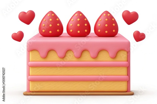 3d cartoon cake slice with pink filling and strawberries