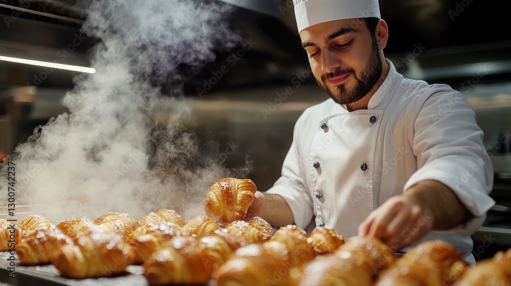 Chef Preparing Golden Croissants in a Bakery