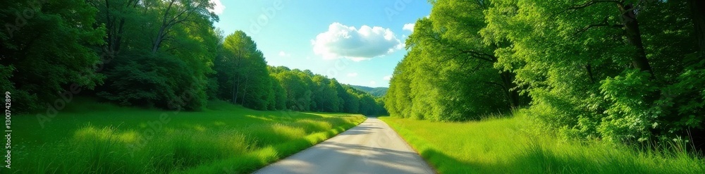 Serene country lane winds through lush green forest, vibrant blue sky above, beautiful, scenic, unpaved Serene country lane winds through lush green forest, vibrant blue sky above, beautiful, scenic, unpaved