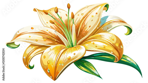 Morning Dew Lily Flower Watercolor Illustration with Golden Highlights on White or Transparent Background. Perfect for: Easter, Spiritual Celebrations, Weddings