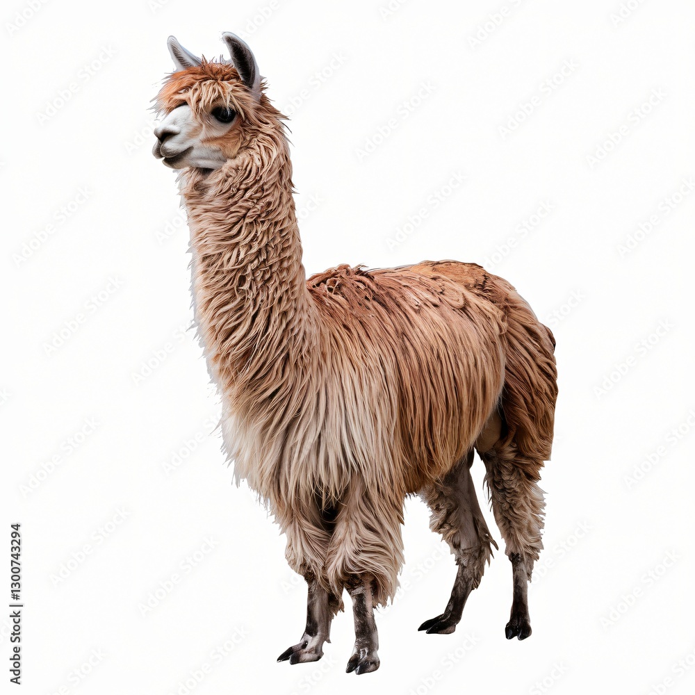 Fototapeta premium Llama with Shaggy Light Brown and White Fur Standing on White Background.