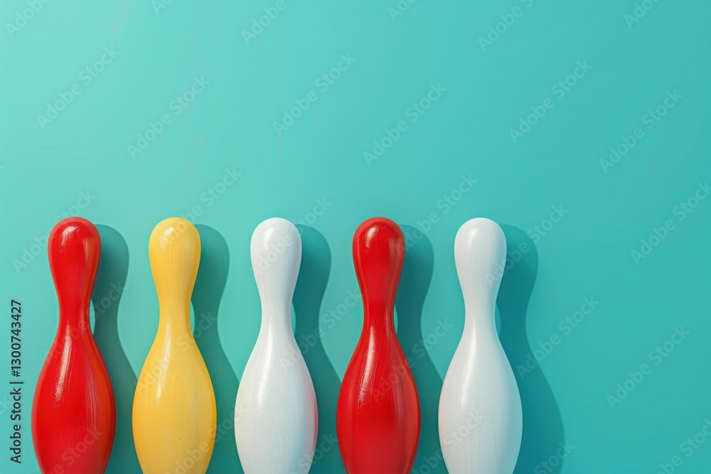 Colorful bowling pins arranged against a bright blue background create a vibrant and playful atmosphere in a recreational setting Colorful bowling pins arranged against a bright blue background create a vibrant and playful atmosphere in a recreational setting