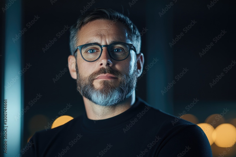 Fototapeta premium Confident man poses in low light, showcasing stylish glasses and