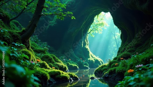 Moss-draped archway hides bioluminescent alcove in emerald forest , overgrown, trail, ruins