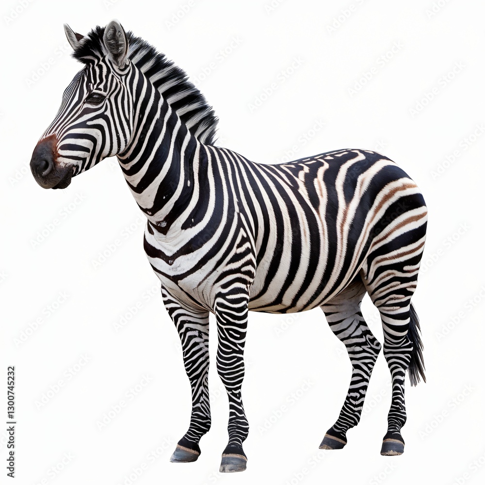 Obraz premium Zebra Standing on White Background Showcasing Striking Black and White Stripes.