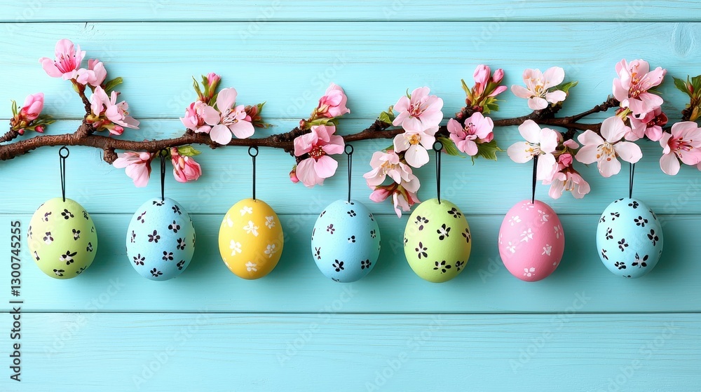 Obraz premium Easter Eggs Hanging From a Branch with Pink Flowers on a Blue Wood Background