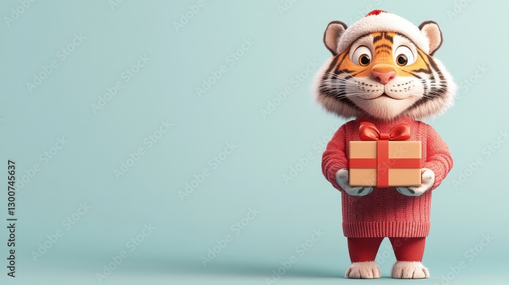 Fototapeta premium Tiger character with a festive sweater holds a gift while celebrating the holiday season