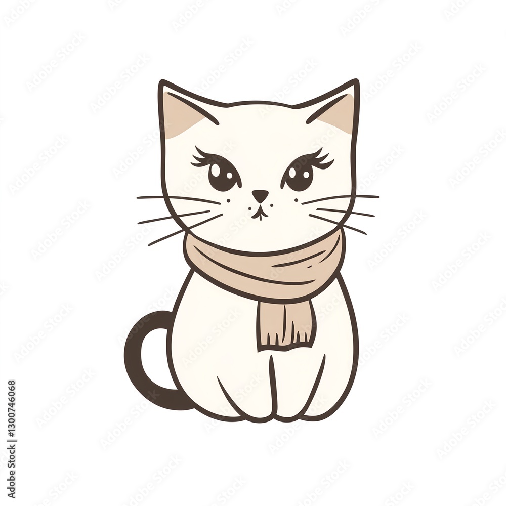 Naklejka premium Adorable kitten, wearing a cozy scarf, sits against a clean white background. Its big eyes and cute expression create a heartwarming image.