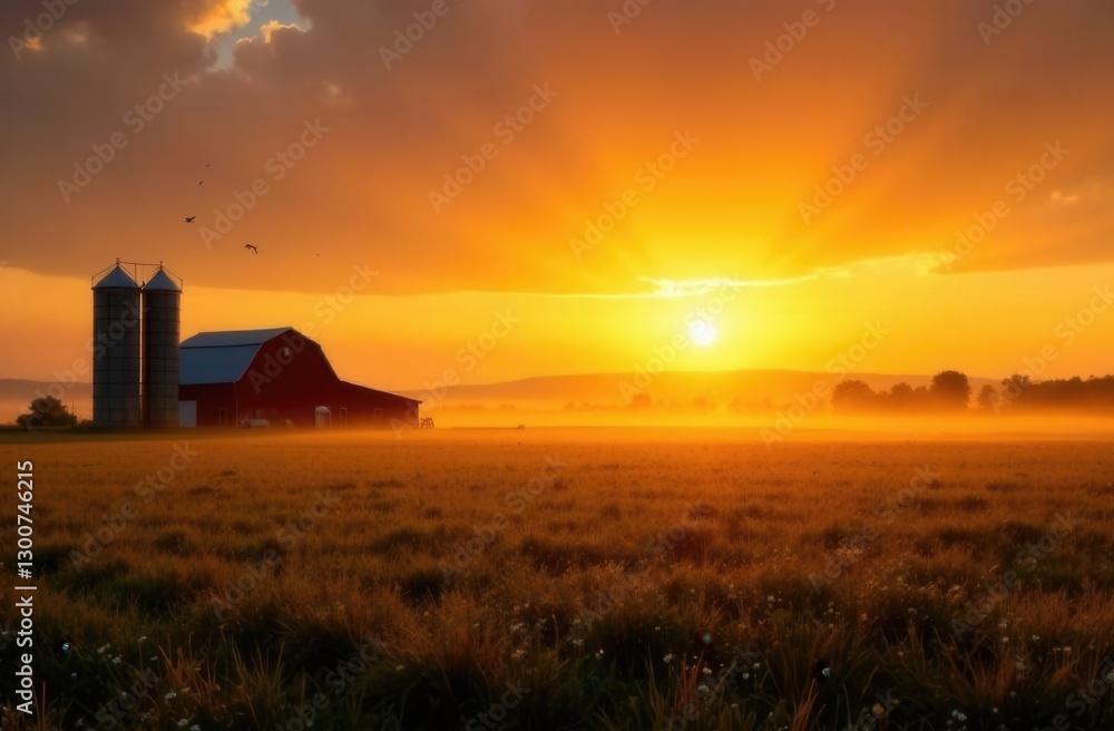 Stunning rural sunrise over farm fields with barn and silos Stunning rural sunrise over farm fields with barn and silos