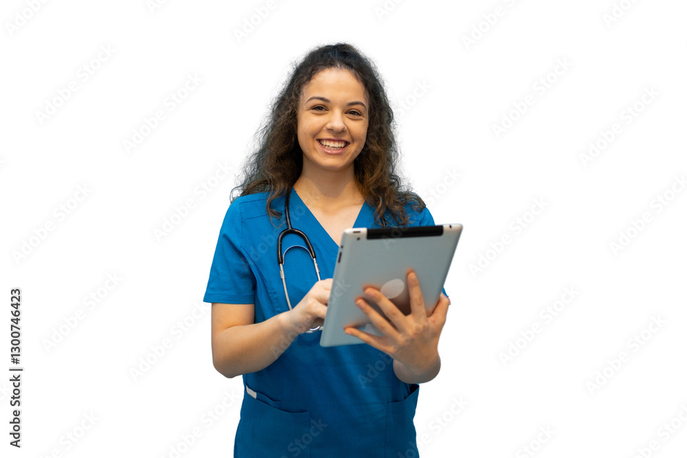 Smiling doctor using digital tablet with transparent background Smiling doctor using digital tablet with transparent background