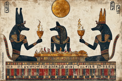 A divine feast in an ancient Egyptian temple, Ra, Osiris, and Bastet seated at a banquet, consuming golden ambrosia, richly detailed zentangle art style