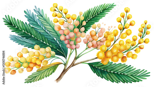 Mimosa Flowers Watercolor Illustration on White or Transparent Background. Perfect for: International Women’s Day, Spring Festivals, Easter
