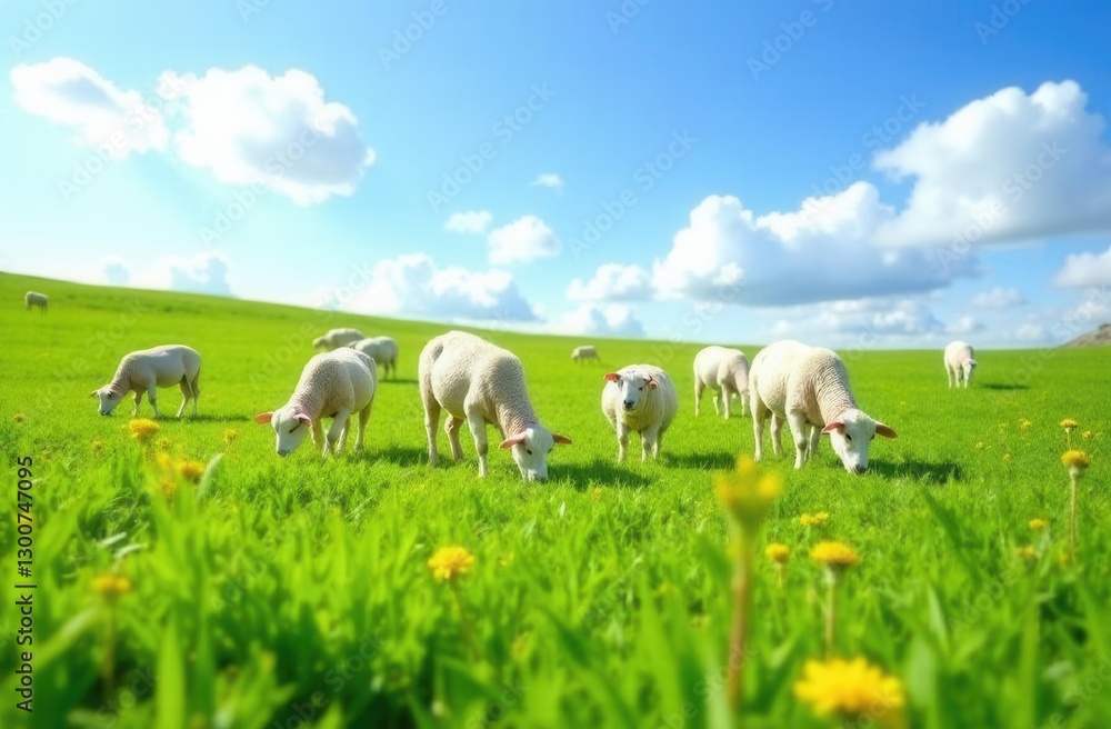 Fototapeta premium Sheep grazing in lush green pasture under clear blue sky