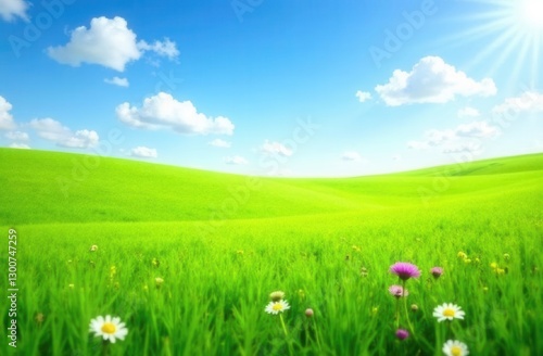 Sunny day over verdant hills with bright blue sky and fluffy clouds