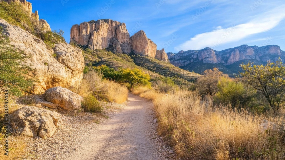 Fototapeta premium Scenic Hiking Trail with Stunning Rocky Backdrop